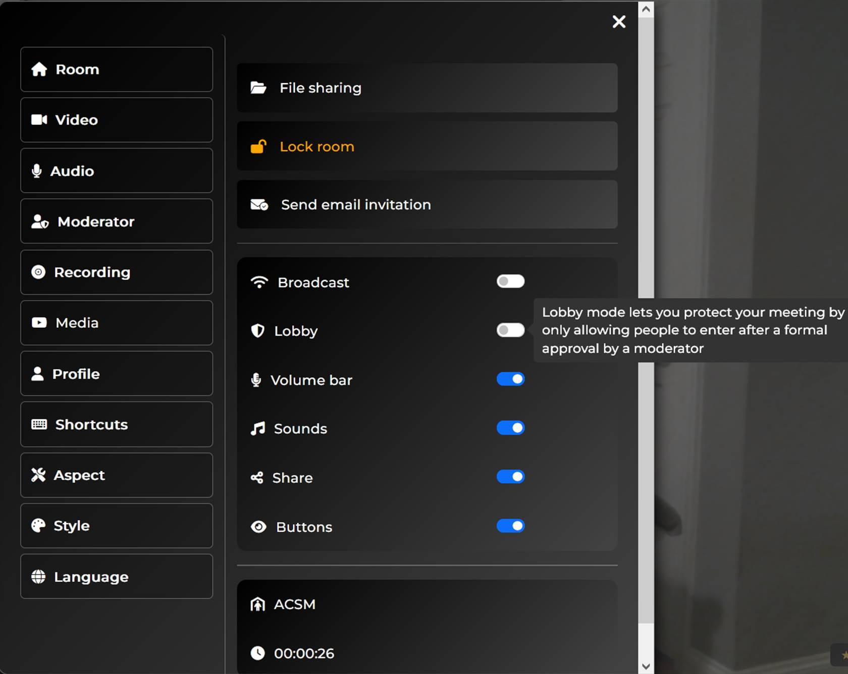 Moderator options &ldquo;Lock room&rdquo; and &ldquo;Lobby&rdquo;